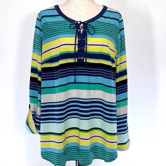 Lane Bryant Plus Size Lace-Up Striped Top 18W Blue Yellow - Picture 2 of 8